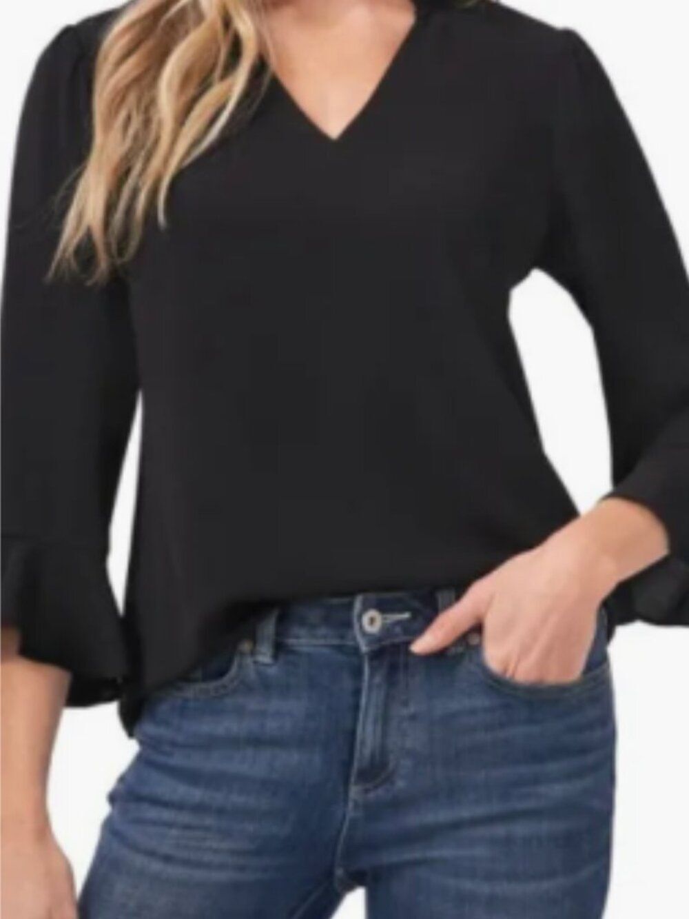 CeCe EUC Rich Black Ruffle Cuff V Neck Long Sleeve Crepe Blouse Size M